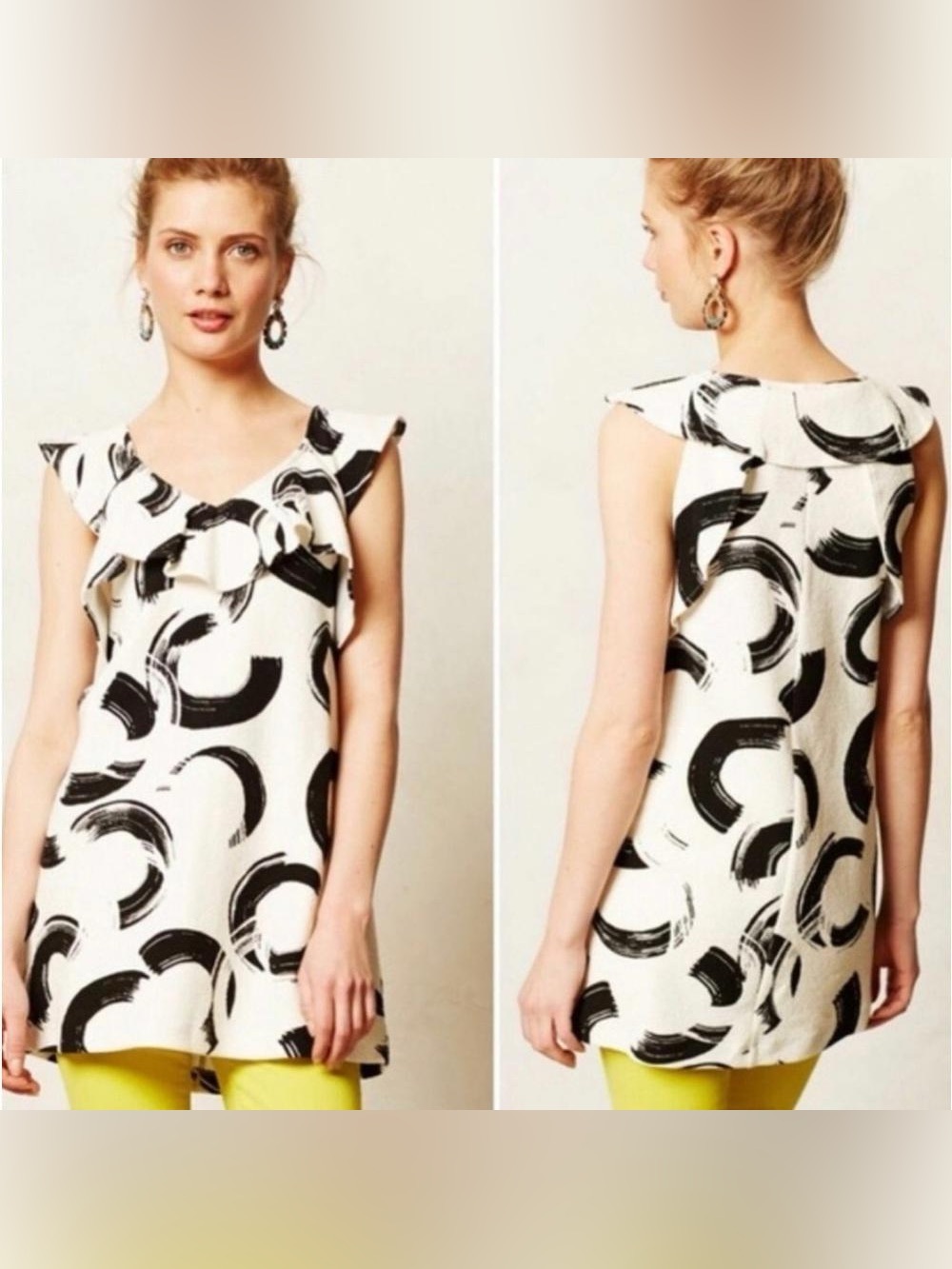 Anthropologie Deletta Pincelada Ruffle Tunic Dress Black White XS